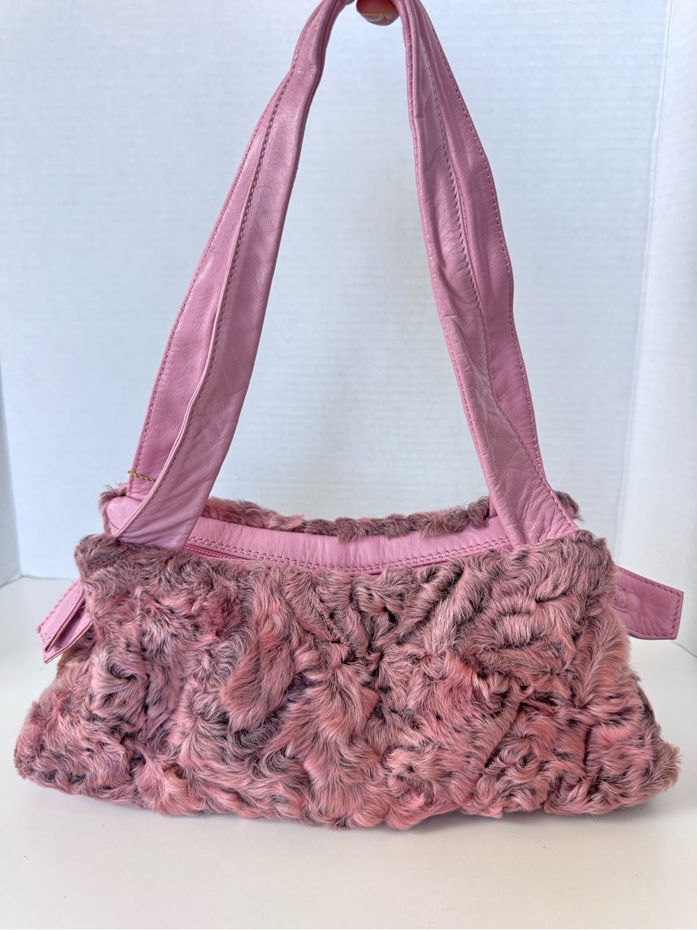 Y2K Paolo Masi Pink Astrakhan Fur Leather Boho Shoulder Bag Purse Italy